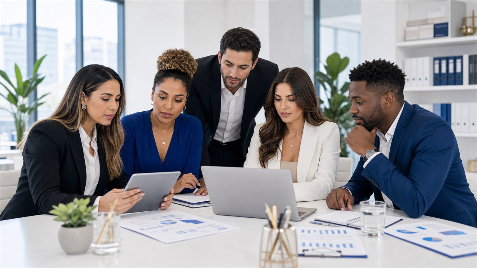 Professional mixed business team using Profissa Pro for client and project management